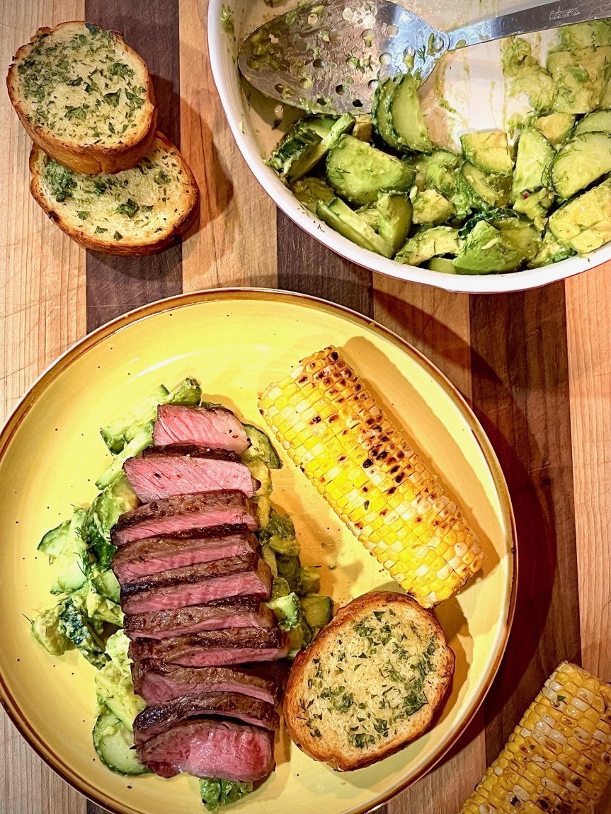 Steak with Avocado, Cucumber and Anchovy Vinaigrette 