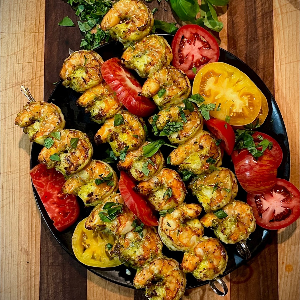 Grilled Shrimp with Pistachio Basil-Mint Pesto, Garlic-Saffron Aioli, & Heirloom&nbsp;Tomatoes